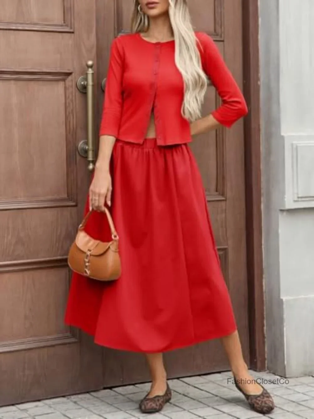 Women's 2 Piece Skirt Set 3/4 Sleeve Knit Cardigan Elastic Waist Midi Skirt